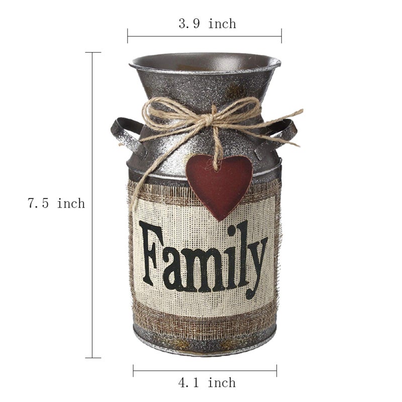 HIDERLYS 7.5" High Rustic Decorative Vase with Greetings and Rope Design, Metal Milk Can Country Jug for Living Room, Bedroom, Kitchen(Family) - Image 2